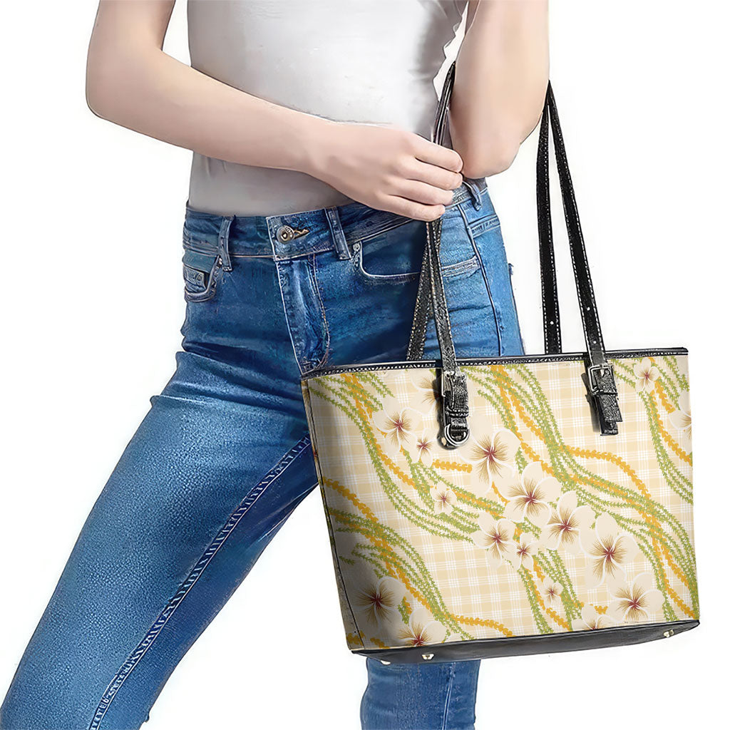 Melemele Ahiahia Hawai'i Palaka Plumeria Leather Tote Bag Puakenikeni and Maile Lei