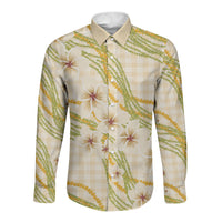 Melemele Ahiahia Hawai'i Palaka Plumeria Long Sleeve Button Shirt Puakenikeni and Maile Lei