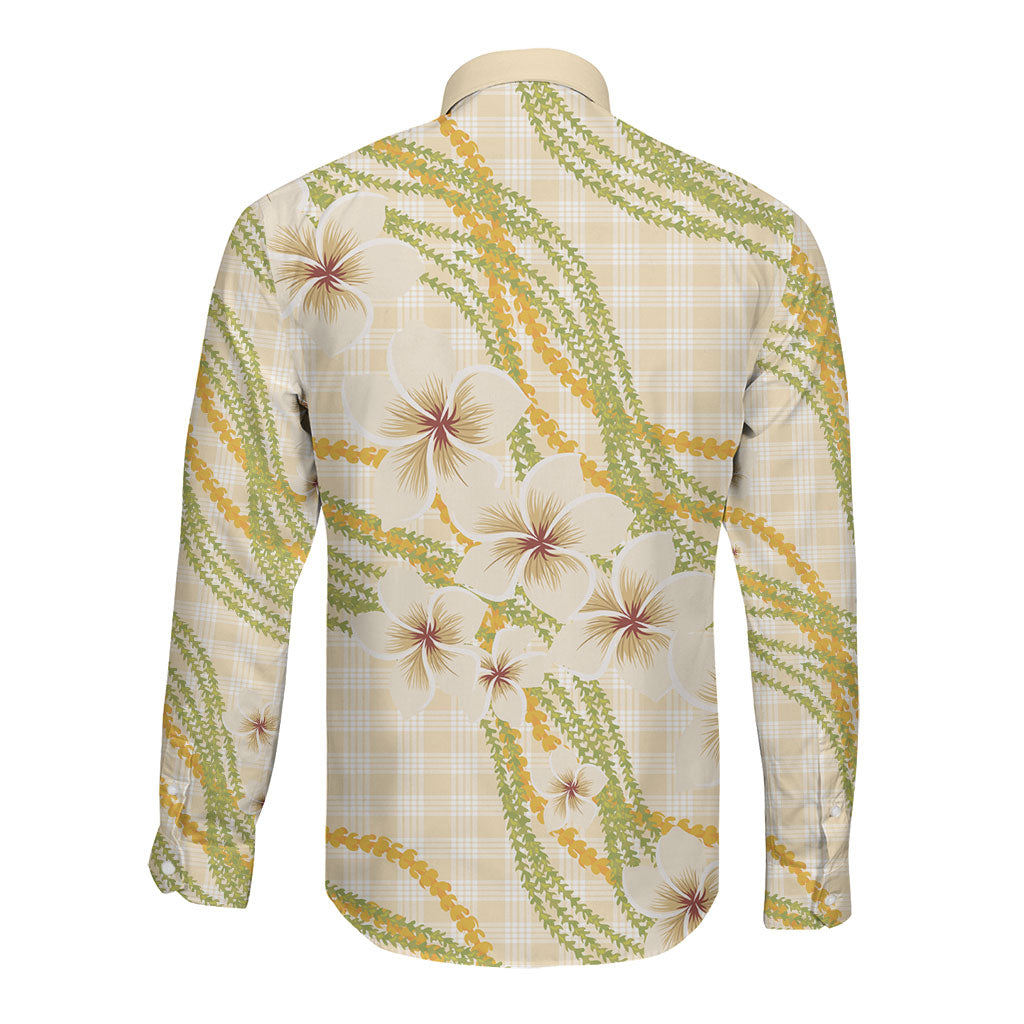 Melemele Ahiahia Hawai'i Palaka Plumeria Long Sleeve Button Shirt Puakenikeni and Maile Lei