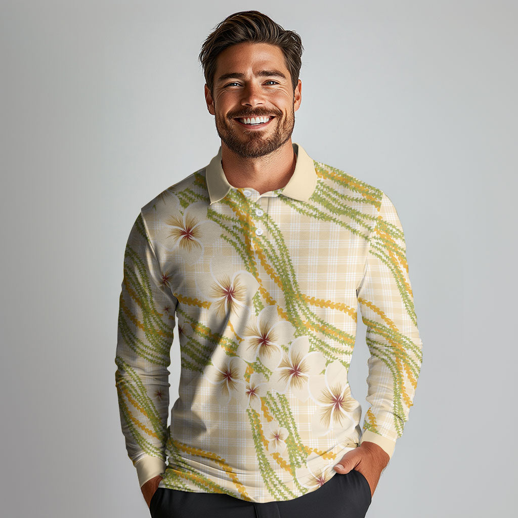 Melemele Ahiahia Hawai'i Palaka Plumeria Long Sleeve Polo Shirt Puakenikeni and Maile Lei