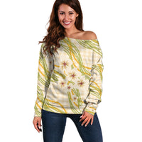 Melemele Ahiahia Hawai'i Palaka Plumeria Off Shoulder Sweater Puakenikeni and Maile Lei