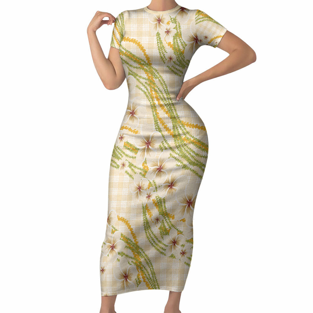 Melemele Ahiahia Hawai'i Palaka Plumeria Short Sleeve Bodycon Dress Puakenikeni and Maile Lei