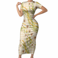 Melemele Ahiahia Hawai'i Palaka Plumeria Short Sleeve Bodycon Dress Puakenikeni and Maile Lei