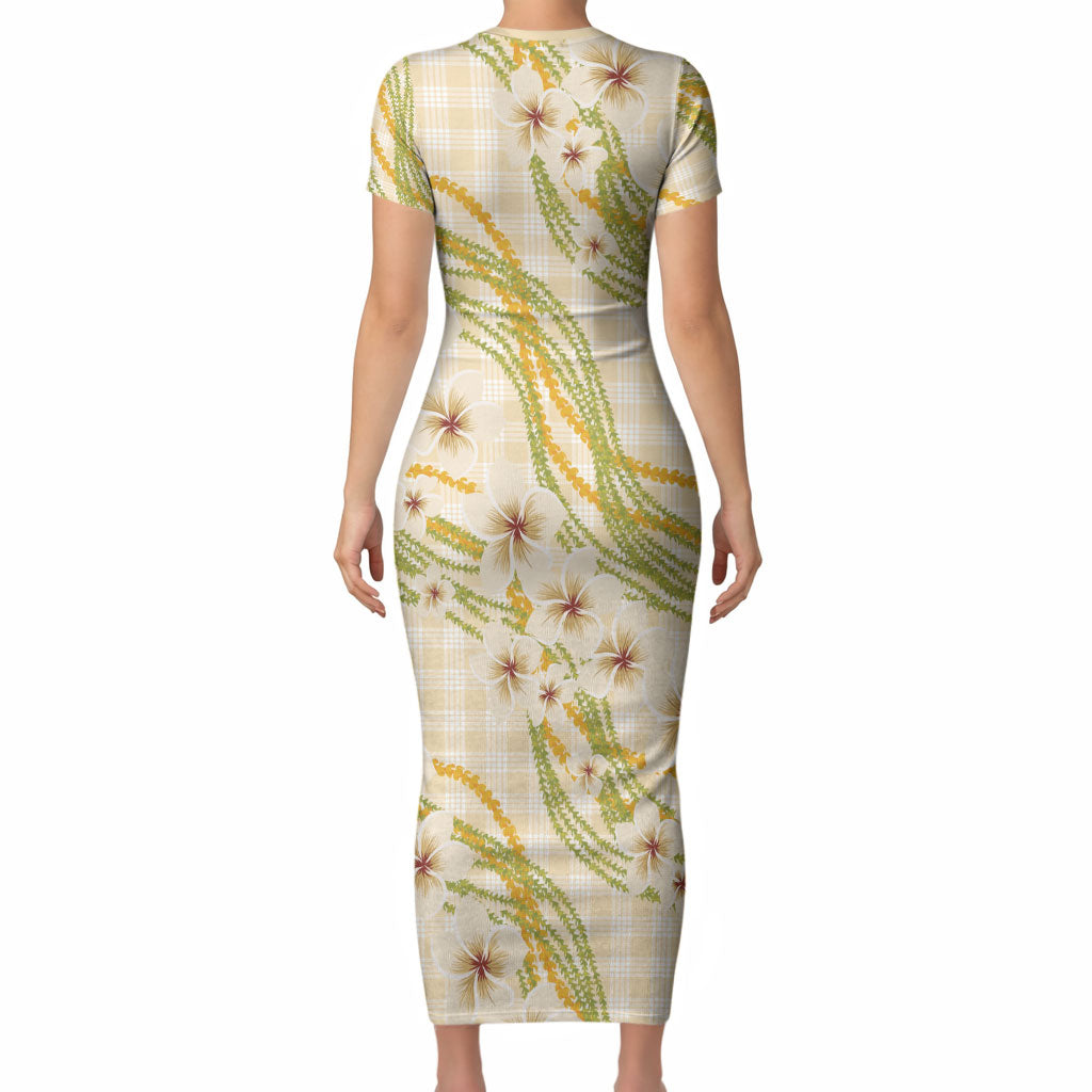 Melemele Ahiahia Hawai'i Palaka Plumeria Short Sleeve Bodycon Dress Puakenikeni and Maile Lei