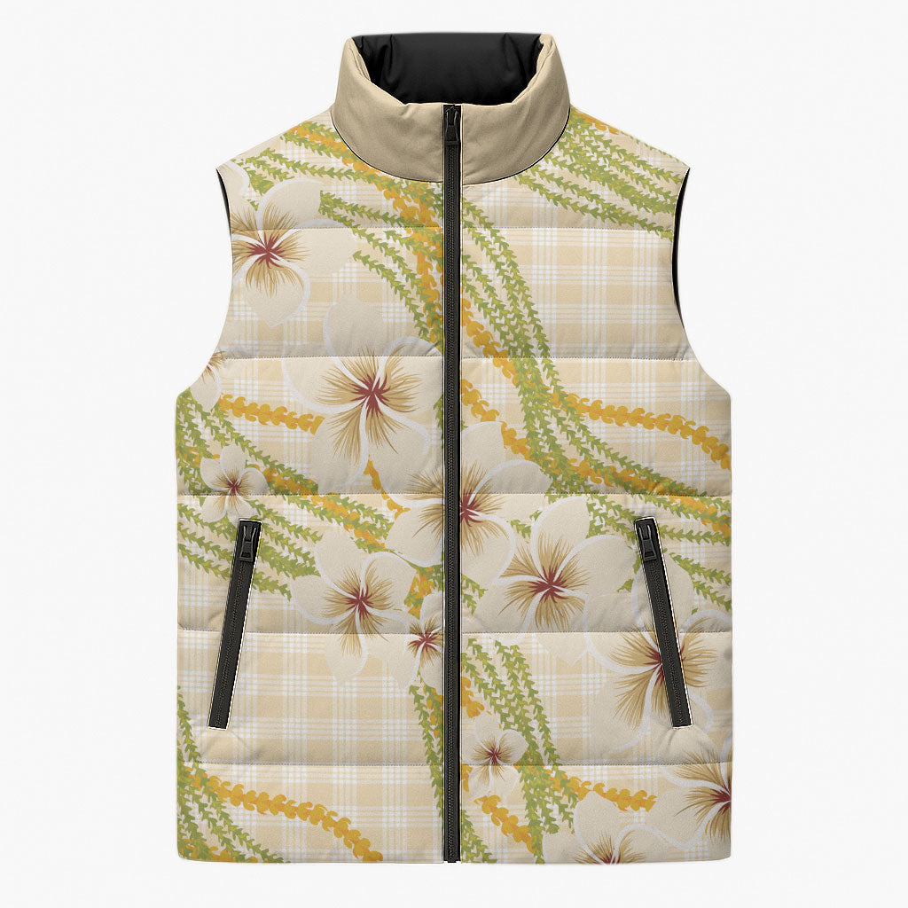 Melemele Ahiahia Hawai'i Palaka Plumeria Sleeveless Puffer Jacket Puakenikeni and Maile Lei