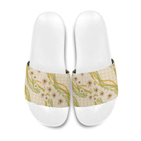 Melemele Ahiahia Hawai'i Palaka Plumeria Slide Sandals Puakenikeni and Maile Lei