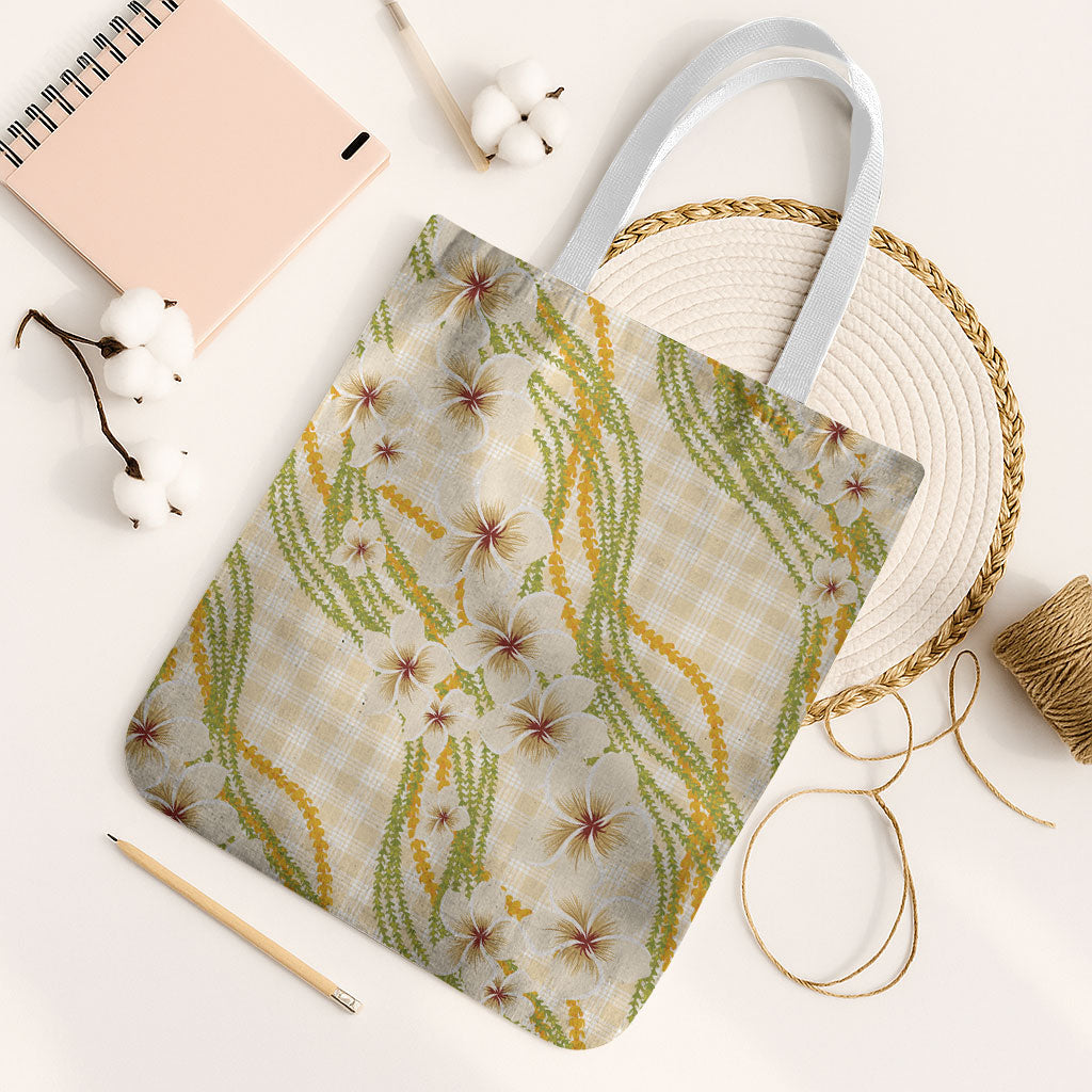 Melemele Ahiahia Hawai'i Palaka Plumeria Tote Bag Puakenikeni and Maile Lei