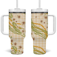 Melemele Ahiahia Hawai'i Palaka Plumeria Tumbler With Handle Puakenikeni and Maile Lei