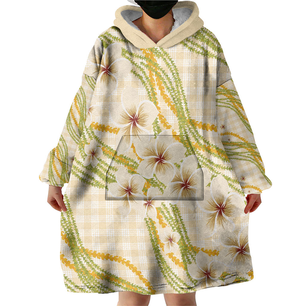 Melemele Ahiahia Hawai'i Palaka Plumeria Wearable Blanket Hoodie Puakenikeni and Maile Lei