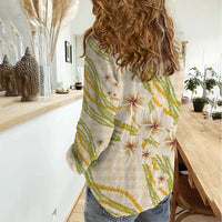 Melemele Ahiahia Hawai'i Palaka Plumeria Women Casual Shirt Puakenikeni and Maile Lei