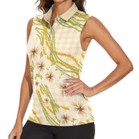 Melemele Ahiahia Hawai'i Palaka Plumeria Women Sleeveless Polo Shirt Puakenikeni and Maile Lei