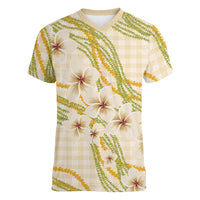 Melemele Ahiahia Hawai'i Palaka Plumeria Women V-Neck T-Shirt Puakenikeni and Maile Lei
