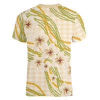 Melemele Ahiahia Hawai'i Palaka Plumeria Women V-Neck T-Shirt Puakenikeni and Maile Lei