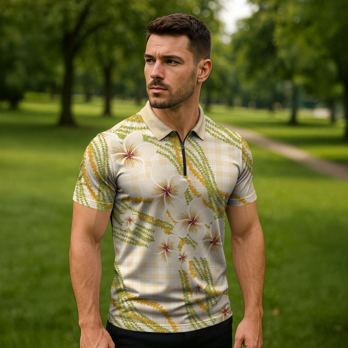 Melemele Ahiahia Hawai'i Palaka Plumeria Zipper Polo Shirt Puakenikeni and Maile Lei