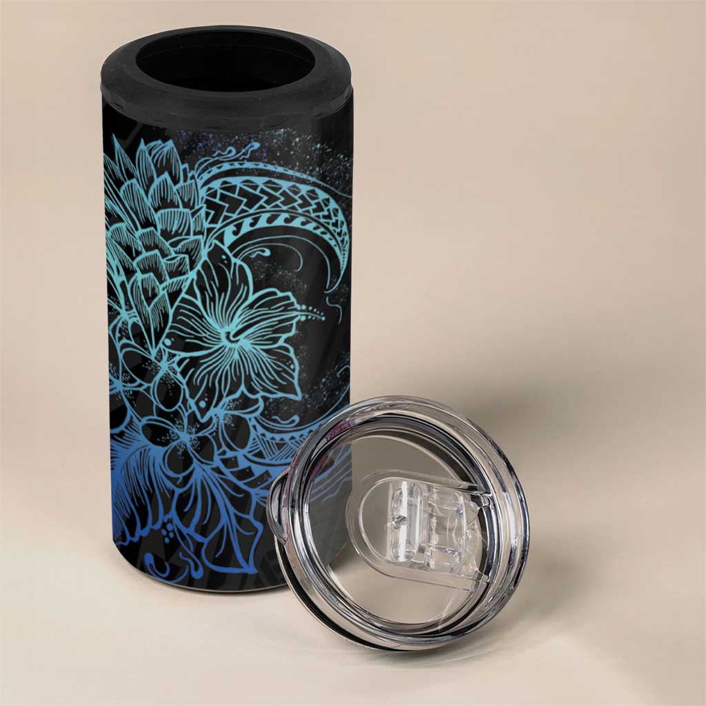 Floral Polynesian Hibiscus Tattoo Can Cooler Tumbler Blue Gradient Style