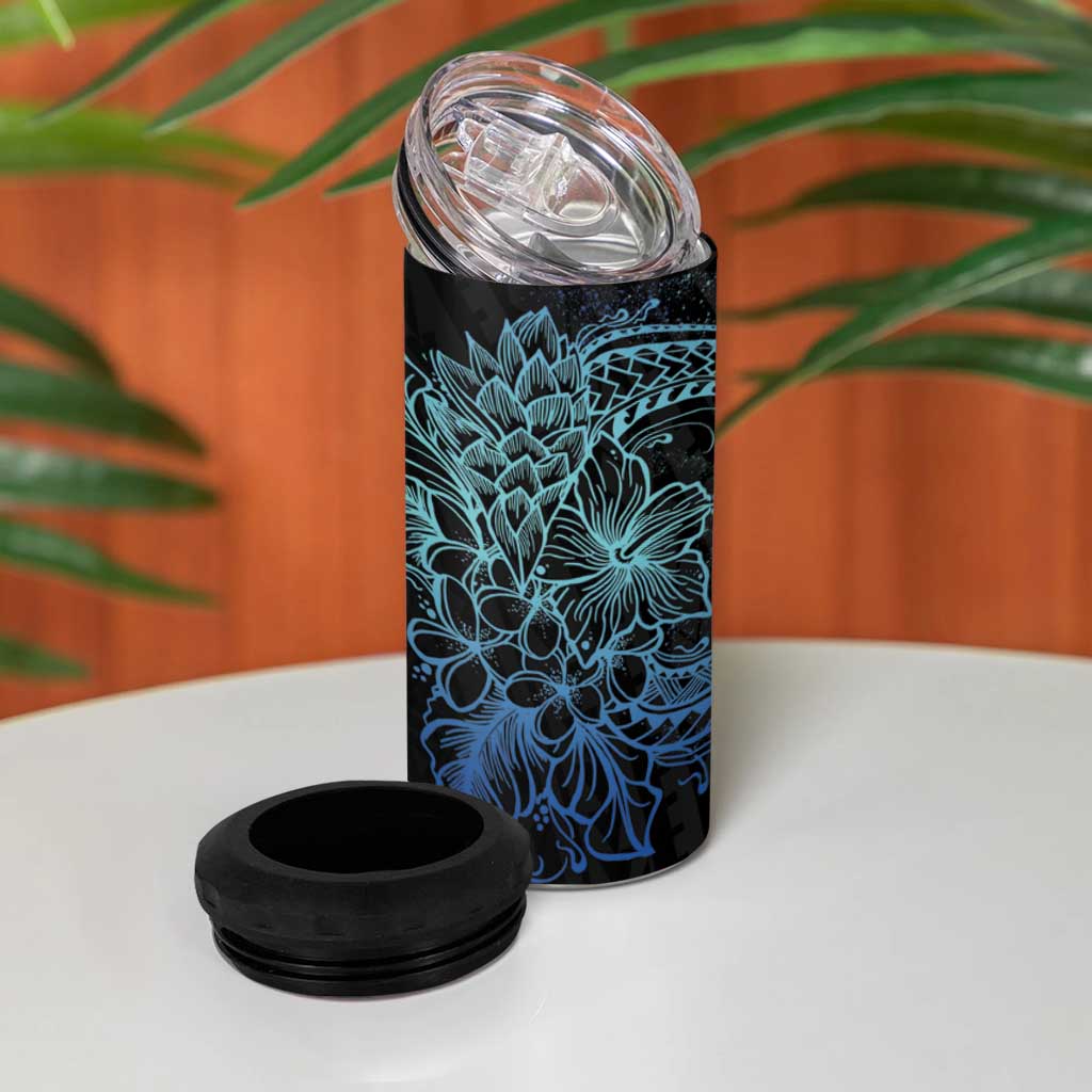 Floral Polynesian Hibiscus Tattoo Can Cooler Tumbler Blue Gradient Style