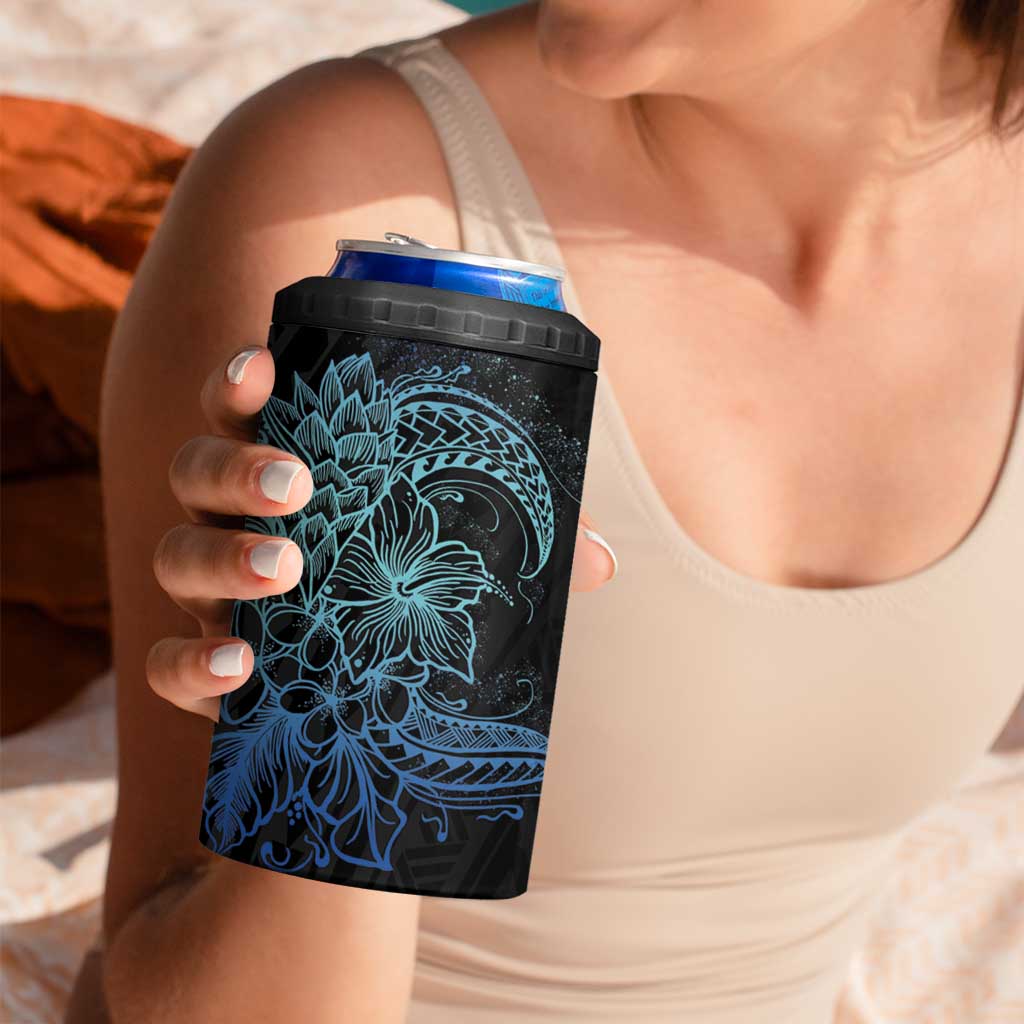 Floral Polynesian Hibiscus Tattoo Can Cooler Tumbler Blue Gradient Style