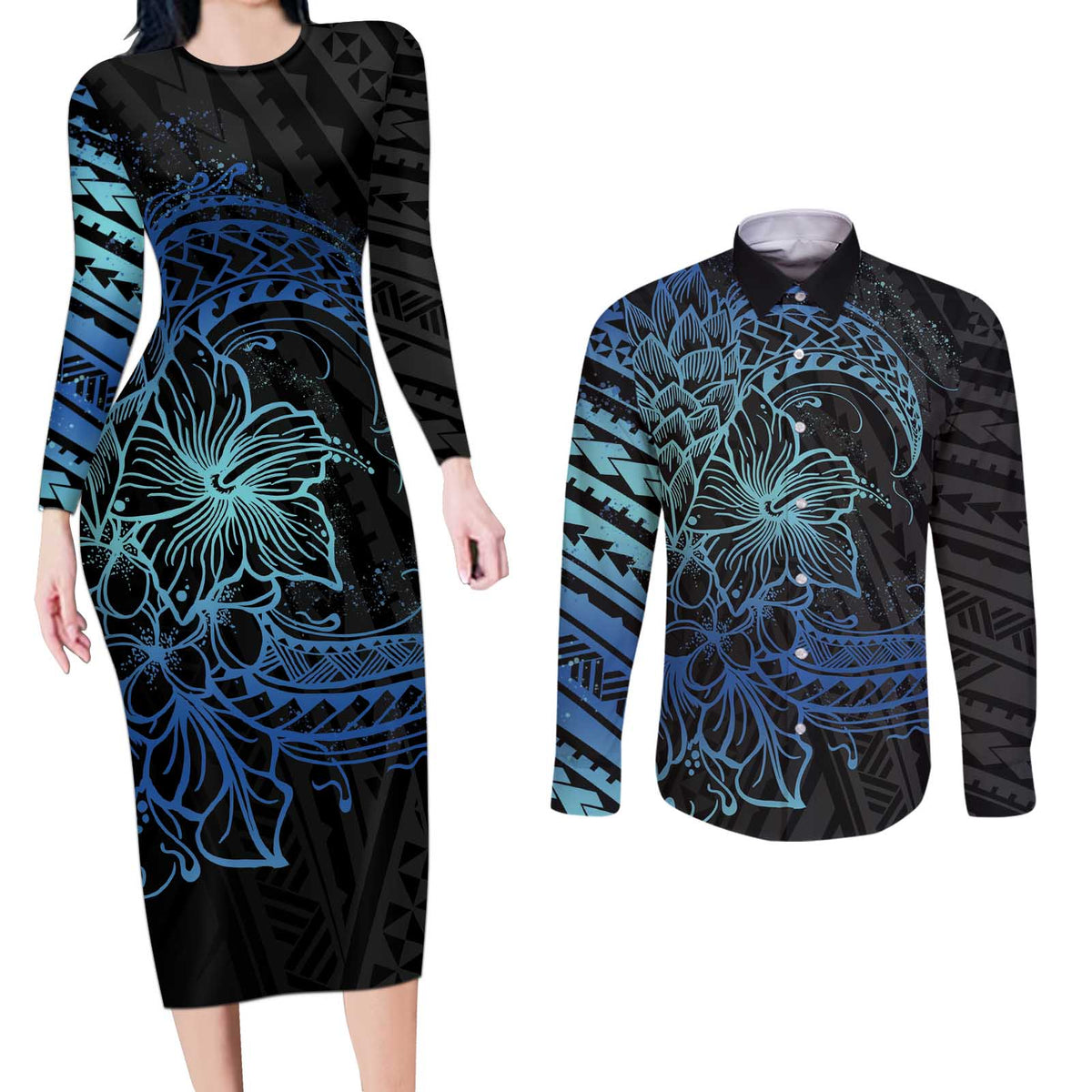 Floral Polynesian Hibiscus Tattoo Couples Matching Long Sleeve Bodycon Dress and Long Sleeve Button Shirt Blue Gradient Style