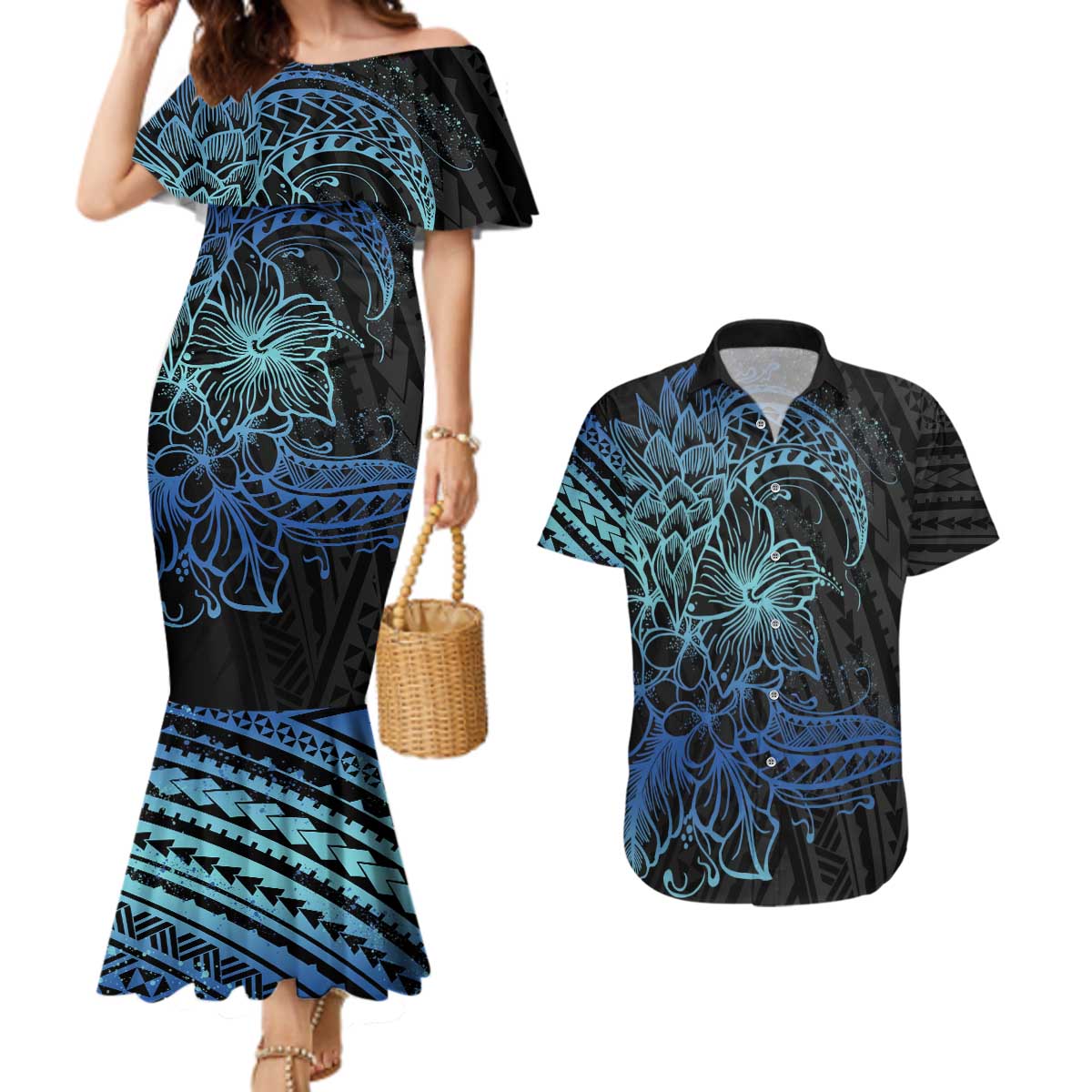Floral Polynesian Hibiscus Tattoo Couples Matching Mermaid Dress and Hawaiian Shirt Blue Gradient Style LT9 Blue - Polynesian Pride