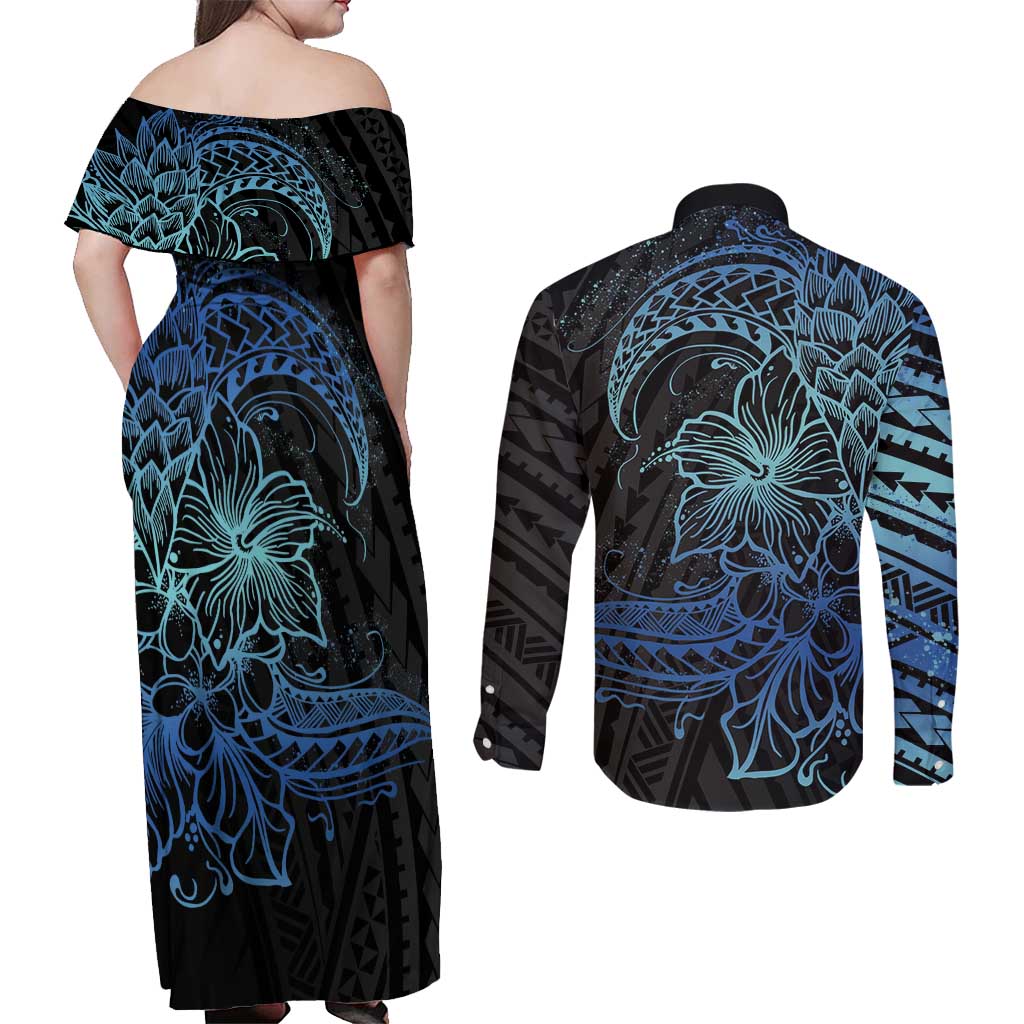 Floral Polynesian Hibiscus Tattoo Couples Matching Off Shoulder Maxi Dress and Long Sleeve Button Shirt Blue Gradient Style