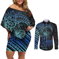 Floral Polynesian Hibiscus Tattoo Couples Matching Off Shoulder Short Dress and Long Sleeve Button Shirt Blue Gradient Style