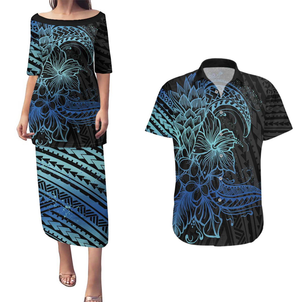 Floral Polynesian Hibiscus Tattoo Couples Matching Puletasi and Hawaiian Shirt Blue Gradient Style
