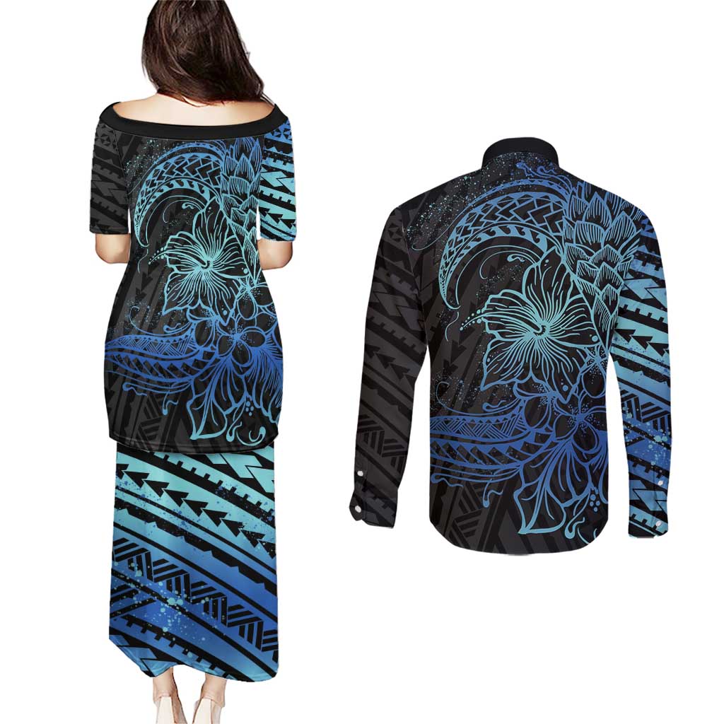 Floral Polynesian Hibiscus Tattoo Couples Matching Puletasi and Long Sleeve Button Shirt Blue Gradient Style