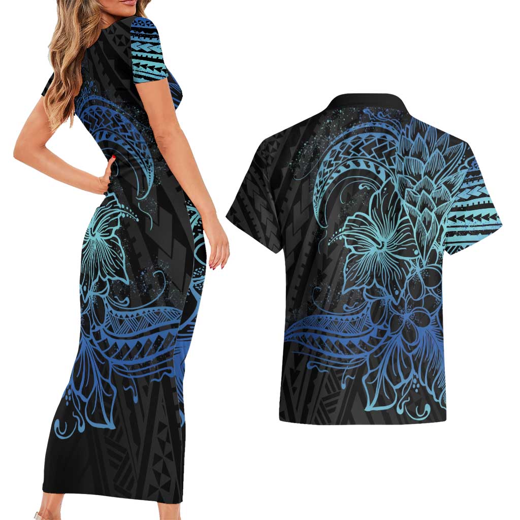 Floral Polynesian Hibiscus Tattoo Couples Matching Short Sleeve Bodycon Dress and Hawaiian Shirt Blue Gradient Style