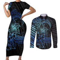 Floral Polynesian Hibiscus Tattoo Couples Matching Short Sleeve Bodycon Dress and Long Sleeve Button Shirt Blue Gradient Style