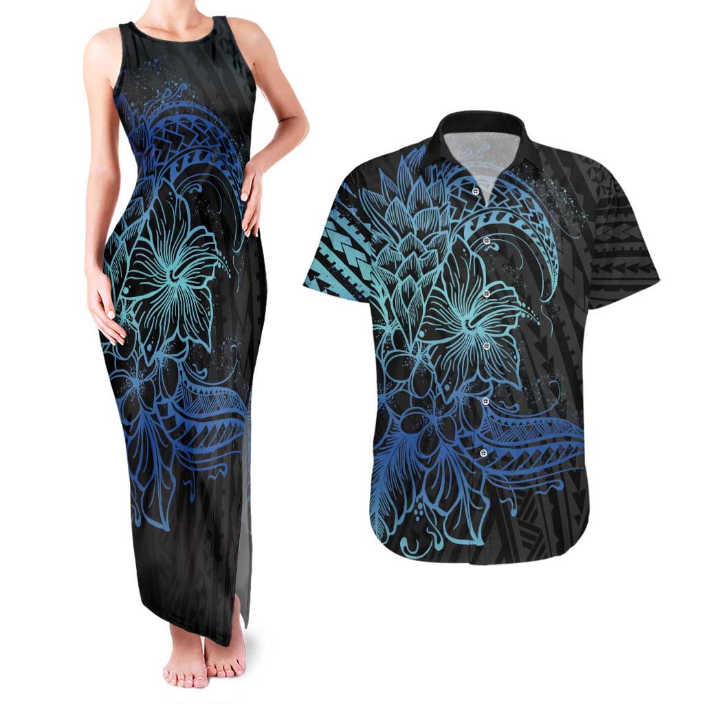 Floral Polynesian Hibiscus Tattoo Couples Matching Tank Maxi Dress and Hawaiian Shirt Blue Gradient Style LT9 Blue - Polynesian Pride