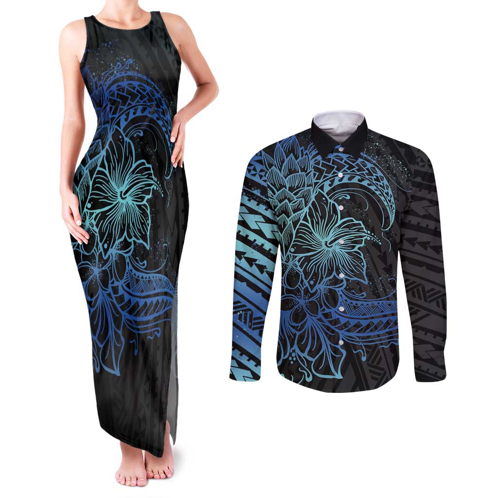 Floral Polynesian Hibiscus Tattoo Couples Matching Tank Maxi Dress and Long Sleeve Button Shirt Blue Gradient Style