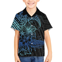 Floral Polynesian Hibiscus Tattoo Family Matching Long Sleeve Bodycon Dress and Hawaiian Shirt Blue Gradient Style LT9 Son's Shirt Blue - Polynesian Pride
