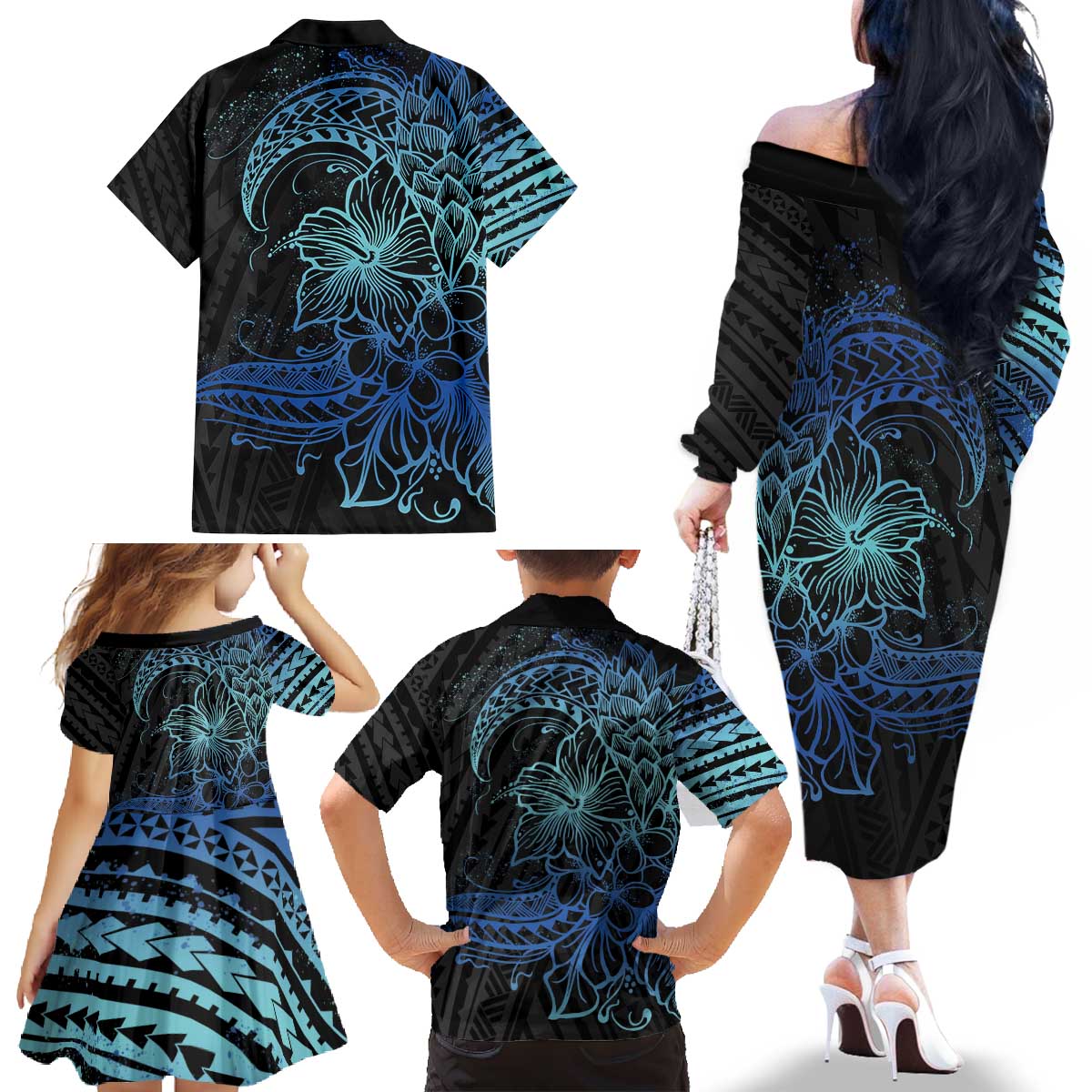 Floral Polynesian Hibiscus Tattoo Family Matching Off The Shoulder Long Sleeve Dress and Hawaiian Shirt Blue Gradient Style