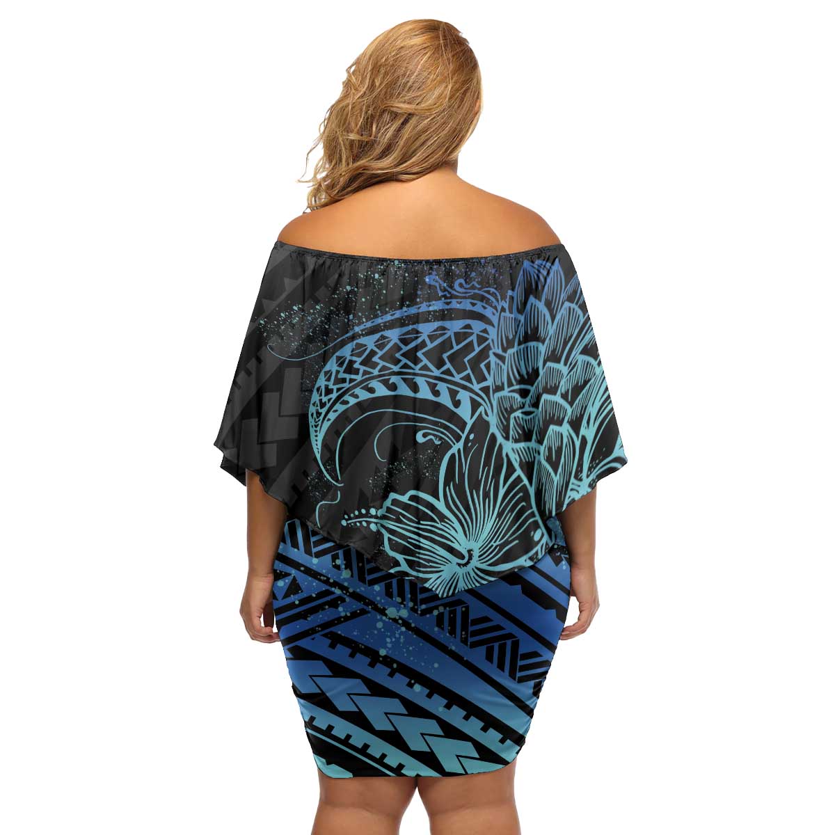 Floral Polynesian Hibiscus Tattoo Family Matching Off Shoulder Short Dress and Hawaiian Shirt Blue Gradient Style