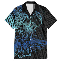 Floral Polynesian Hibiscus Tattoo Family Matching Puletasi and Hawaiian Shirt Blue Gradient Style