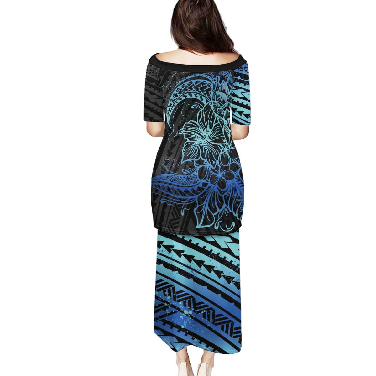 Floral Polynesian Hibiscus Tattoo Family Matching Puletasi and Hawaiian Shirt Blue Gradient Style