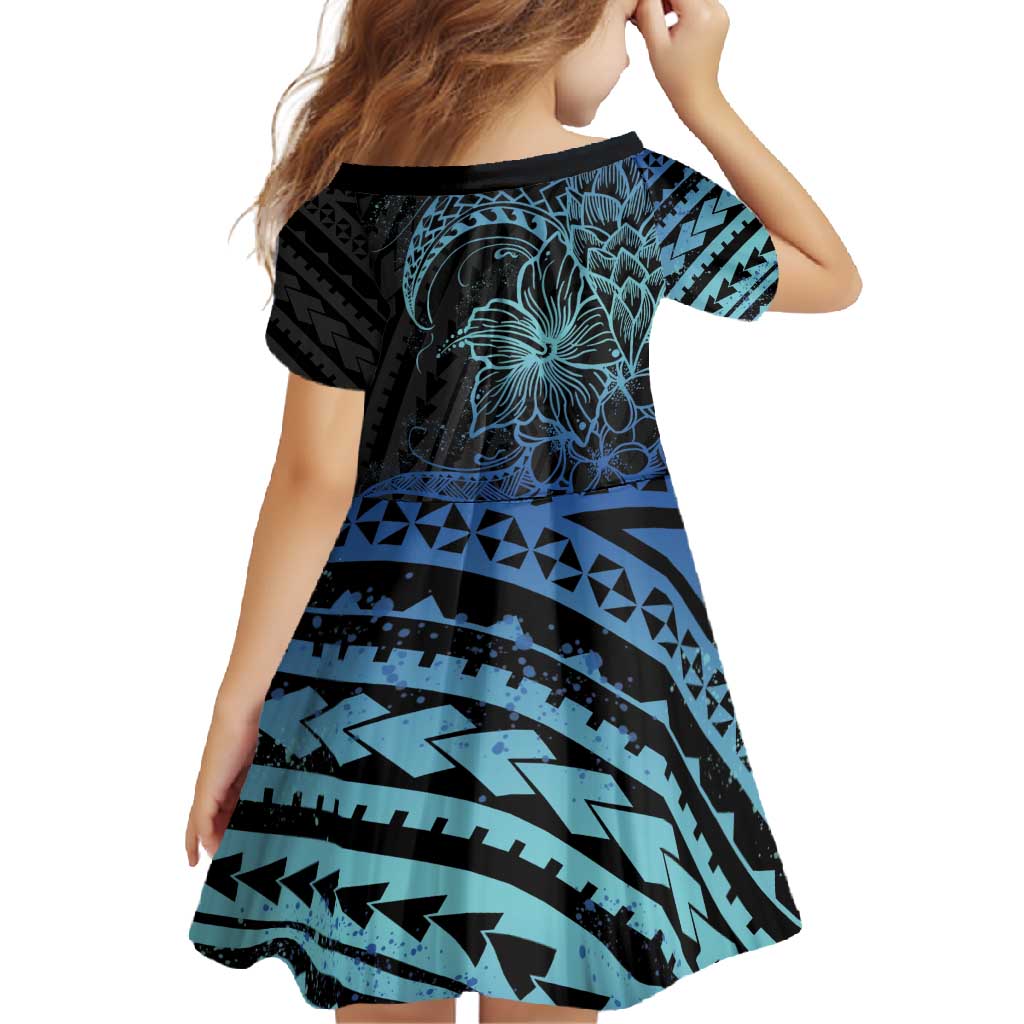 Floral Polynesian Hibiscus Tattoo Family Matching Short Sleeve Bodycon Dress and Hawaiian Shirt Blue Gradient Style LT9 - Polynesian Pride