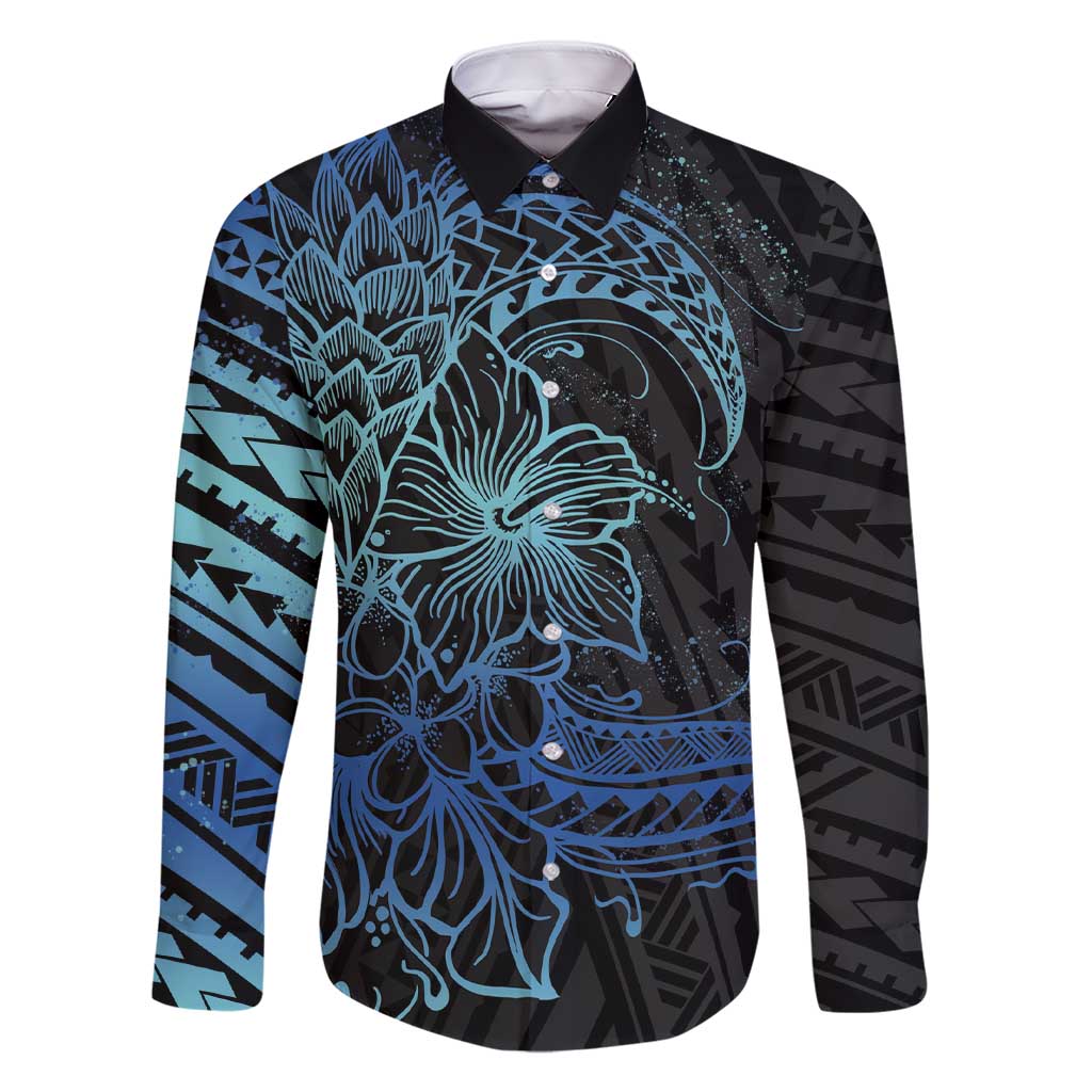 Floral Polynesian Hibiscus Tattoo Family Matching Short Sleeve Bodycon Dress and Hawaiian Shirt Blue Gradient Style LT9 Dad's Shirt - Long Sleeve Blue - Polynesian Pride