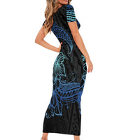 Floral Polynesian Hibiscus Tattoo Family Matching Short Sleeve Bodycon Dress and Hawaiian Shirt Blue Gradient Style LT9 - Polynesian Pride