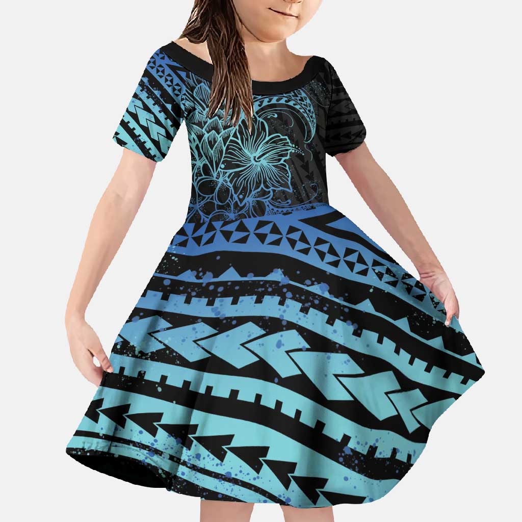 Floral Polynesian Hibiscus Tattoo Family Matching Tank Maxi Dress and Hawaiian Shirt Blue Gradient Style LT9 Daughter's Dress Blue - Polynesian Pride