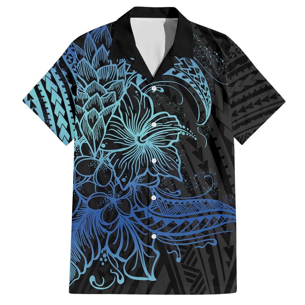 Floral Polynesian Hibiscus Tattoo Family Matching Tank Maxi Dress and Hawaiian Shirt Blue Gradient Style LT9 Dad's Shirt - Short Sleeve Blue - Polynesian Pride