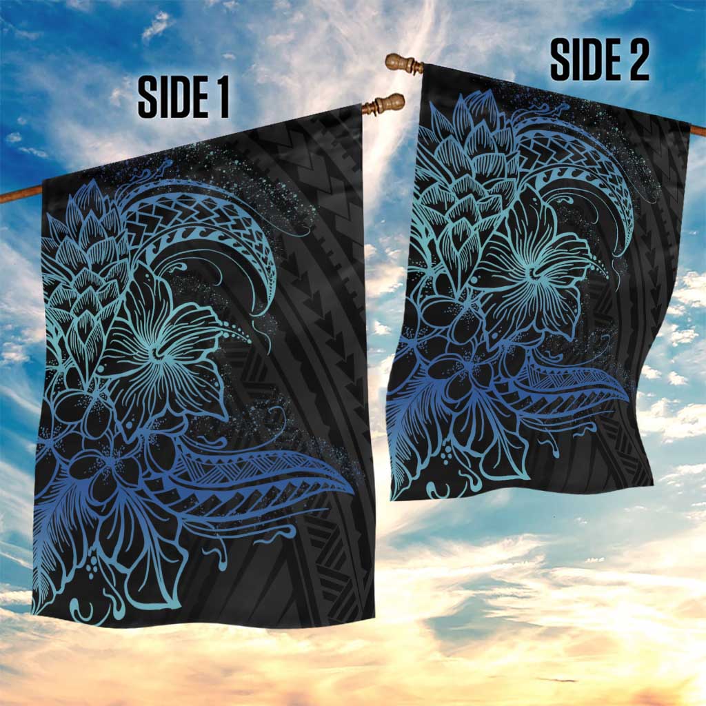 Floral Polynesian Hibiscus Tattoo Garden Flag Blue Gradient Style