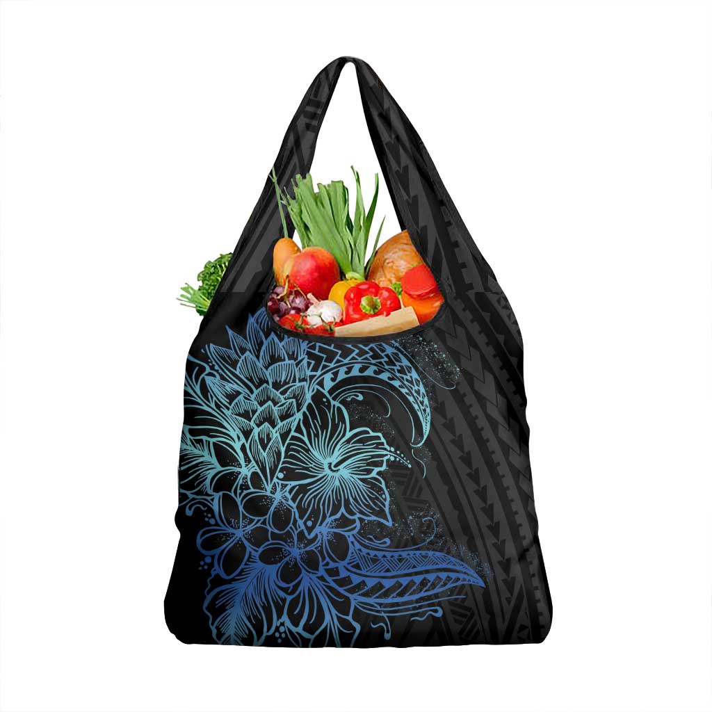 Floral Polynesian Hibiscus Tattoo Grocery Bag Blue Gradient Style