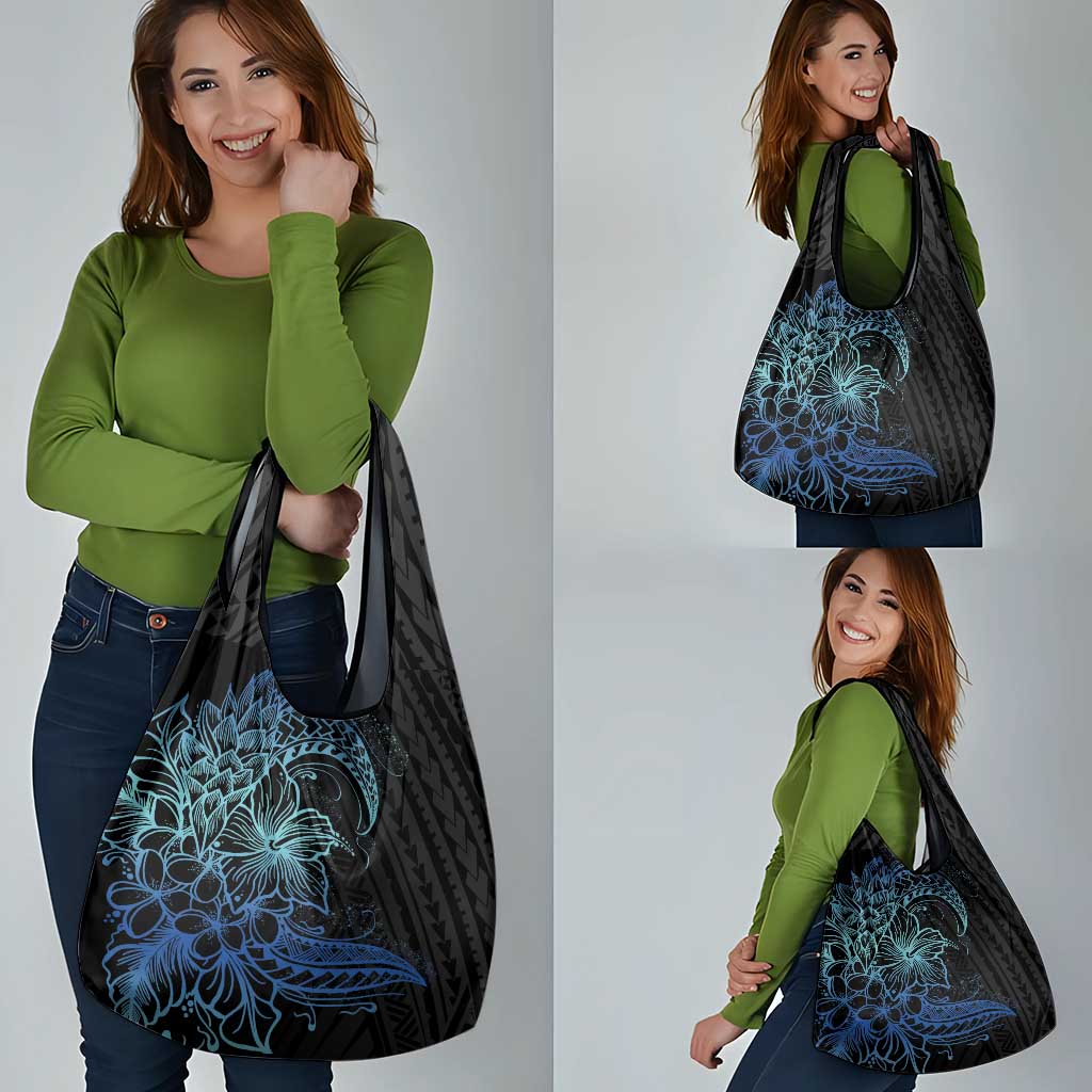 Floral Polynesian Hibiscus Tattoo Grocery Bag Blue Gradient Style