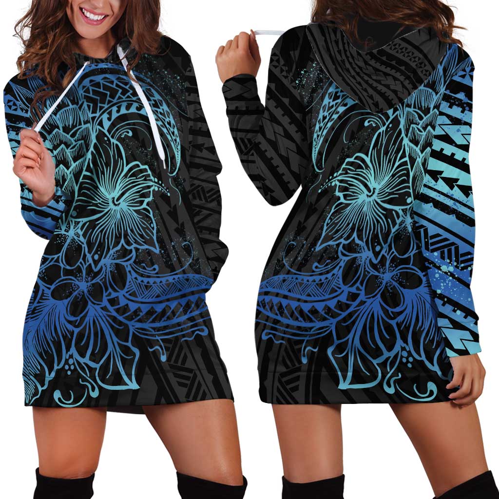 Floral Polynesian Hibiscus Tattoo Hoodie Dress Blue Gradient Style