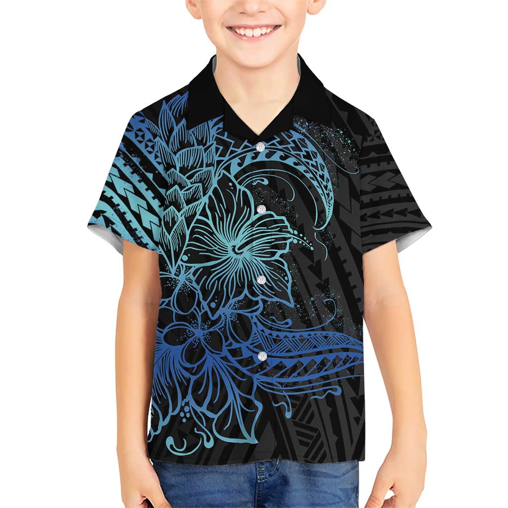 Floral Polynesian Hibiscus Tattoo Kid Hawaiian Shirt Blue Gradient Style