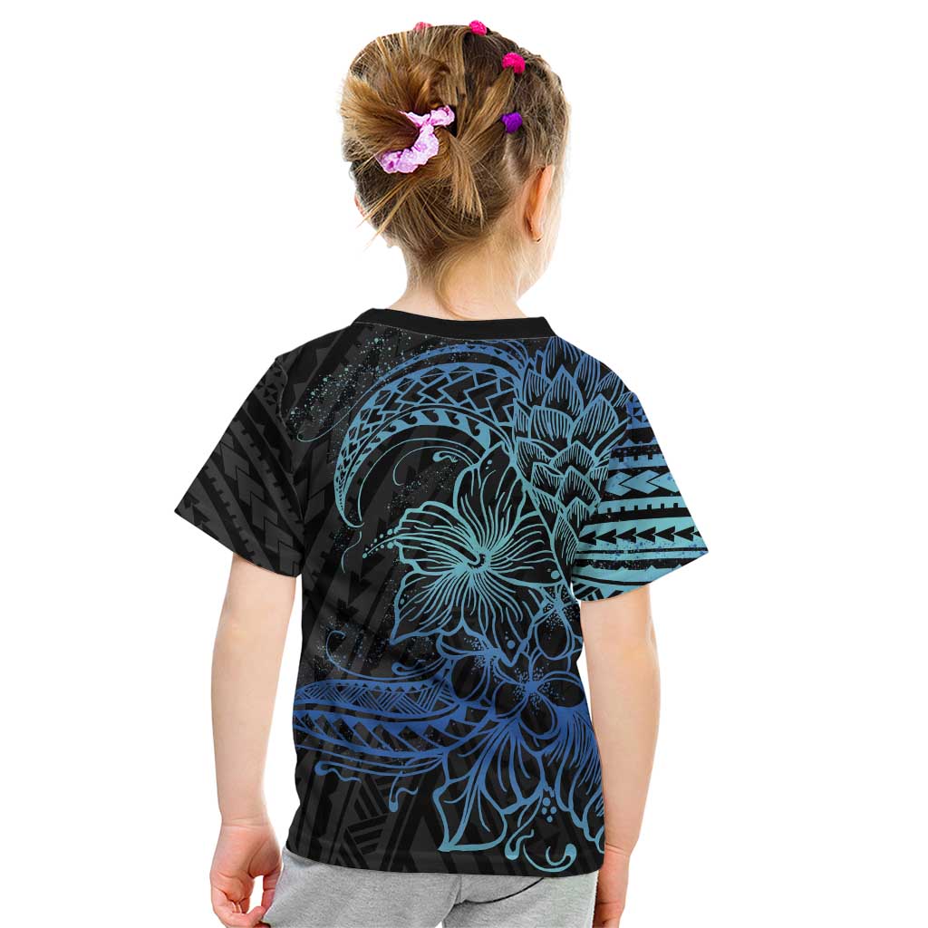Floral Polynesian Hibiscus Tattoo Kid T Shirt Blue Gradient Style