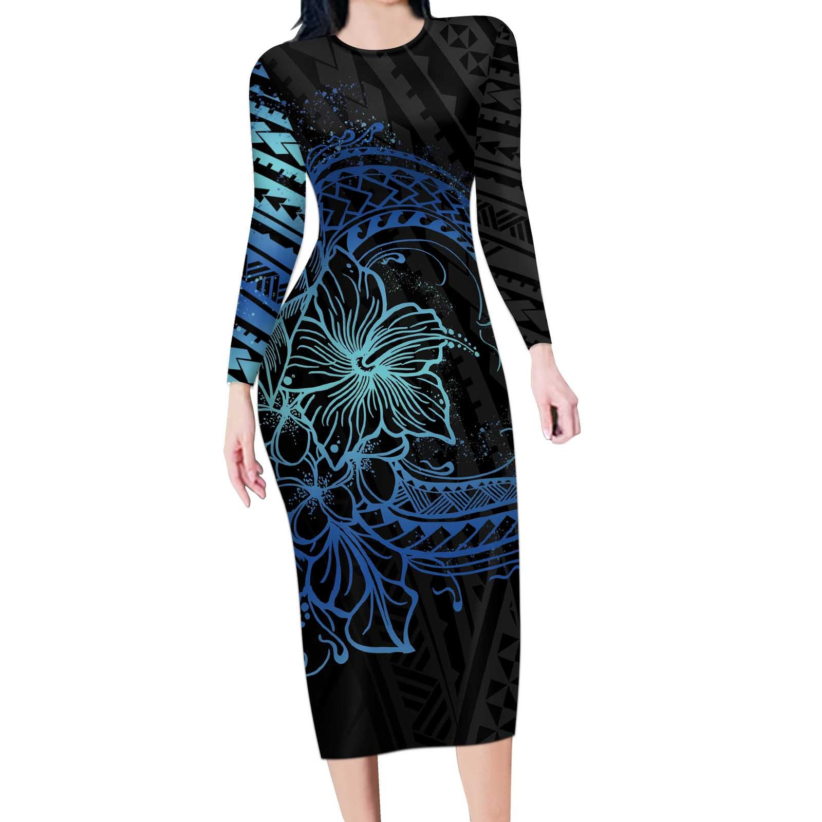 Floral Polynesian Hibiscus Tattoo Long Sleeve Bodycon Dress Blue Gradient Style LT9 Long Dress Blue - Polynesian Pride