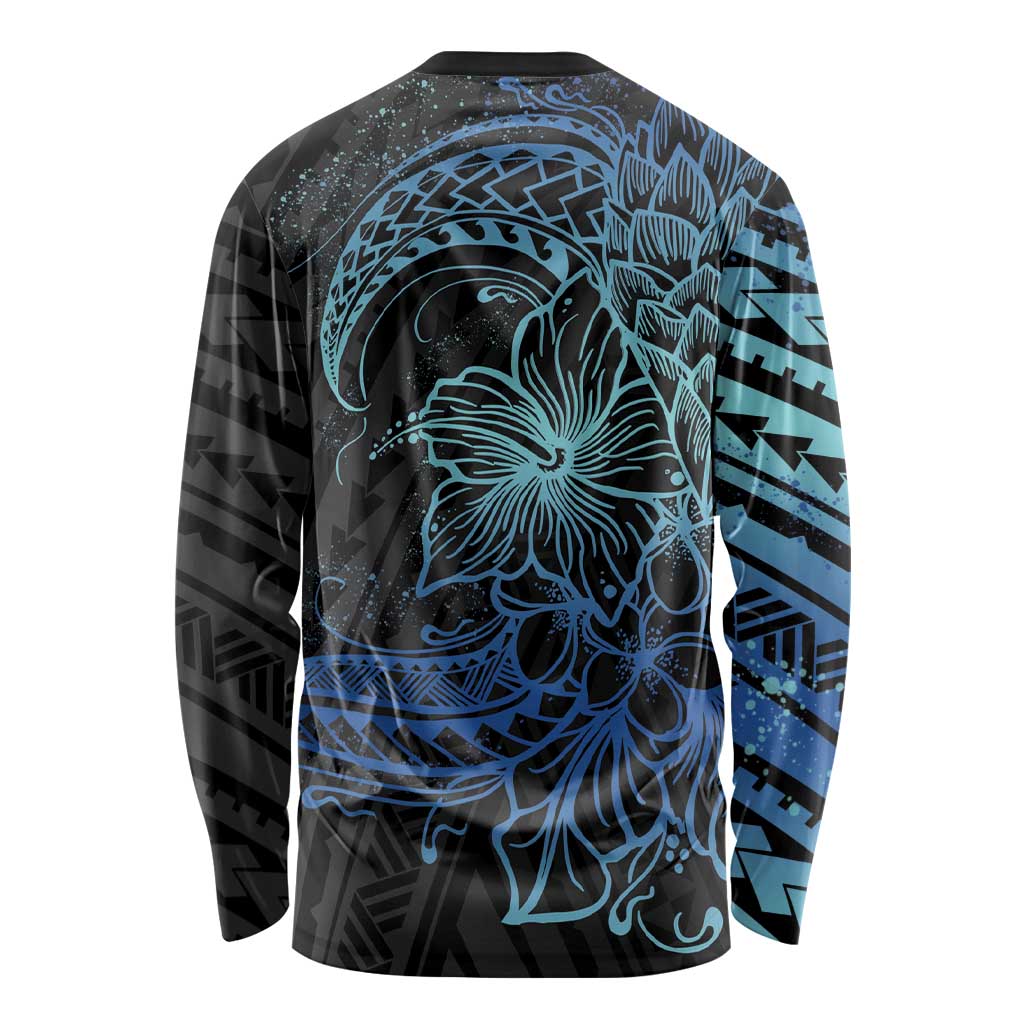 Floral Polynesian Hibiscus Tattoo Long Sleeve Shirt Blue Gradient Style
