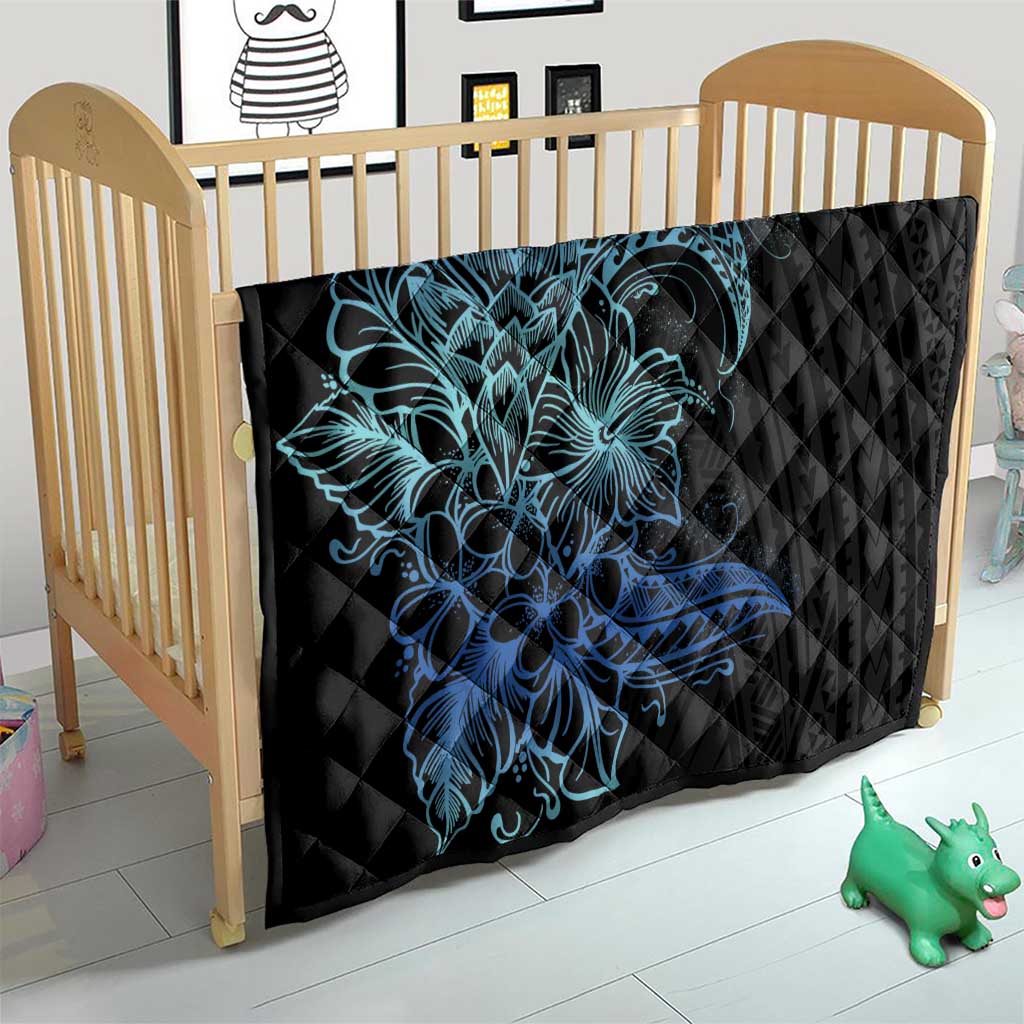 Floral Polynesian Hibiscus Tattoo Quilt Blue Gradient Style